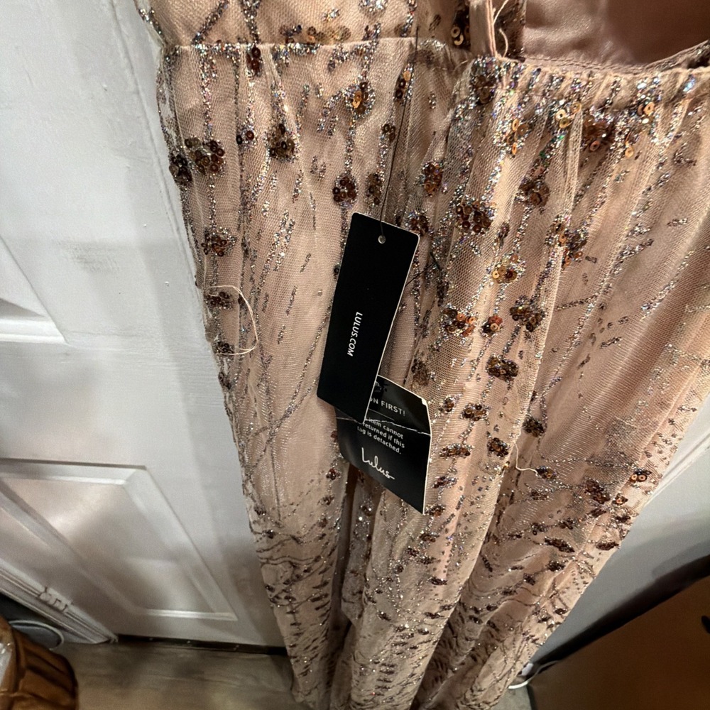 LULUS Luminous Night Taupe Rainbow Glitter Bronze Sequin Maxi Gown‎ Dress Xl NwT - Picture 9 of 12